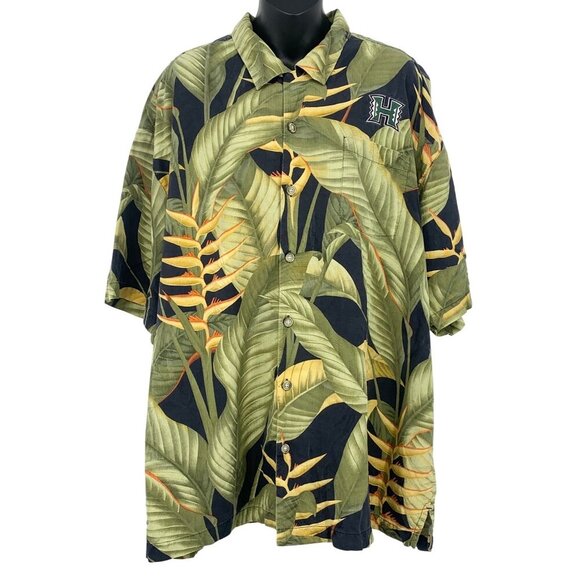 Tommy Bahama UH University Hawaii XXL Aloha Black Silk Button Shirt Green EUC - Picture 1 of 7